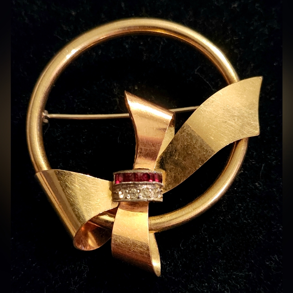 Vintage Taylord 1/20 12K Gold Filled & Rhinestone Ribbon Brooch - Picture 2 of 5